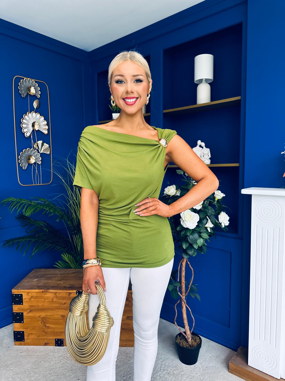 Jess Gold Clasp Ruched Top Olive