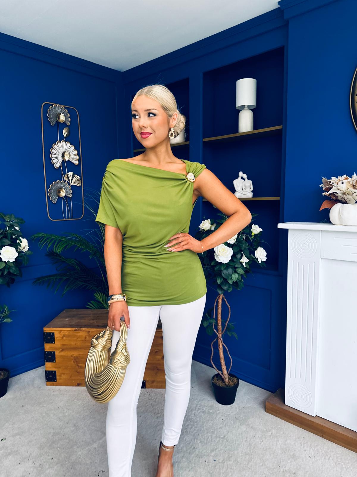 Jess Gold Clasp Ruched Top Olive