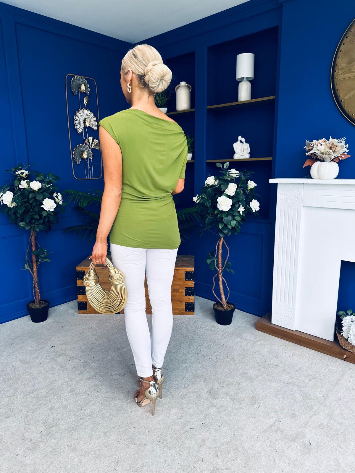 Jess Gold Clasp Ruched Top Olive