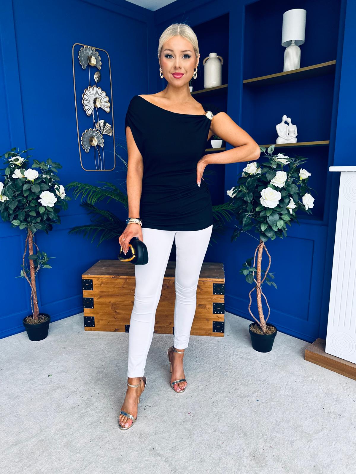 Jess Gold Clasp Ruched Top Black