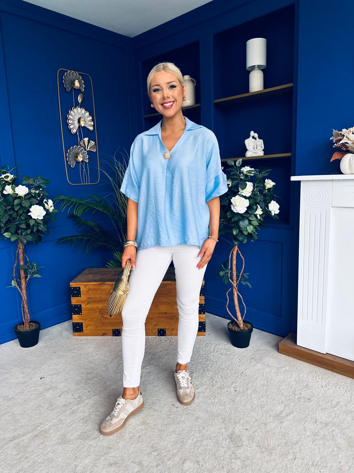 Suzanne Detailed Shirt Collar Top Blue