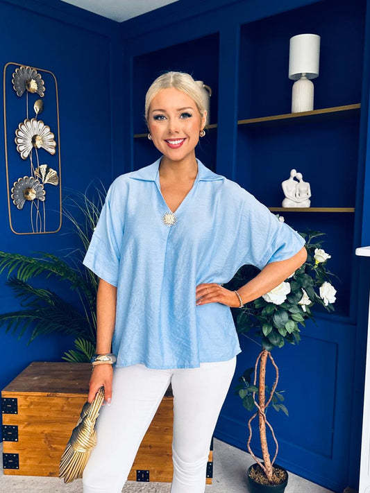Suzanne Detailed Shirt Collar Top Blue