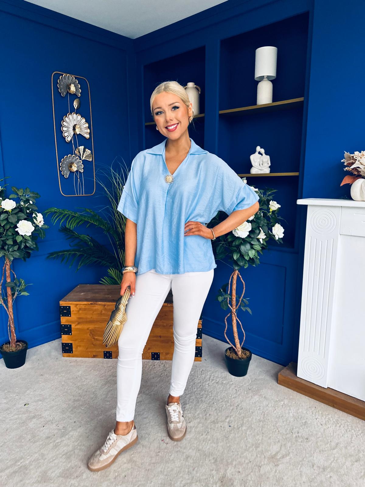 Suzanne Detailed Shirt Collar Top Blue