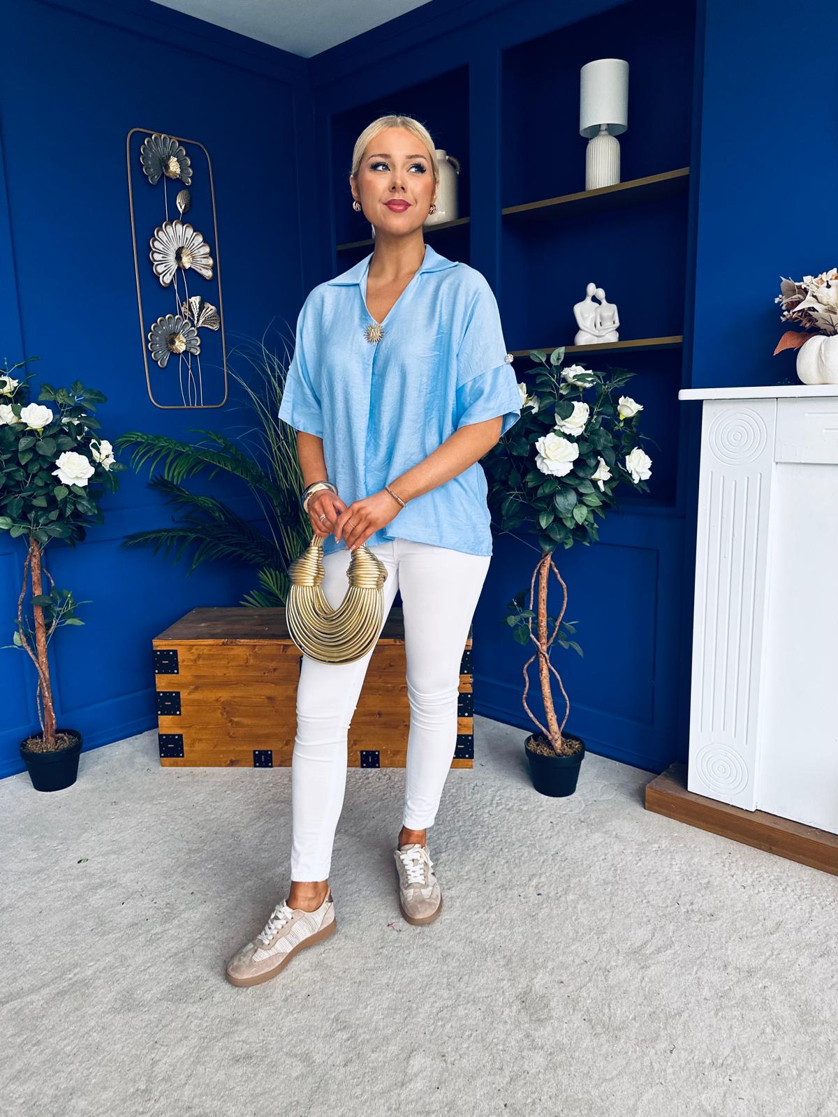 Suzanne Detailed Shirt Collar Top Blue