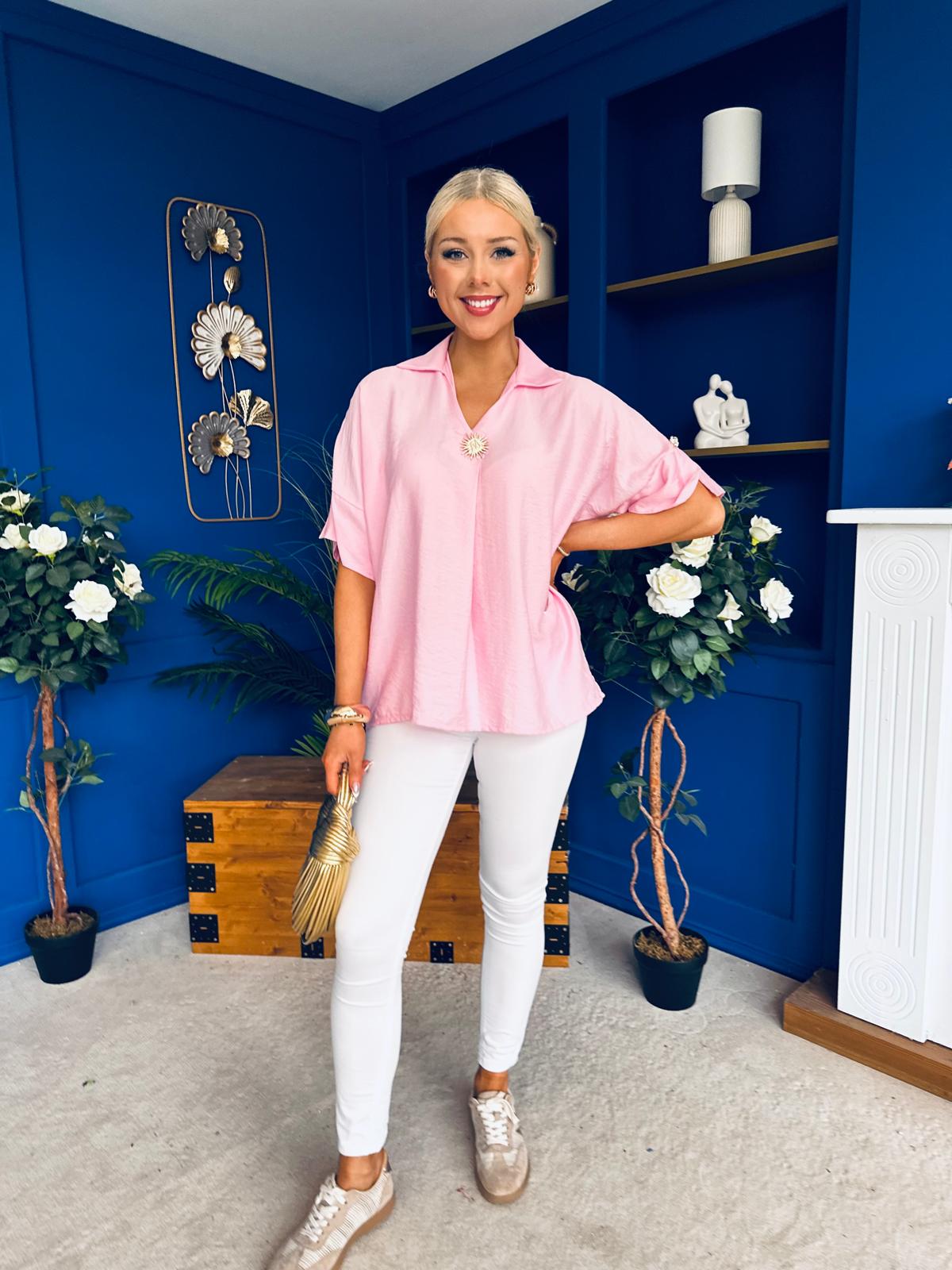 Suzanne Detailed Shirt Collar Top Pink