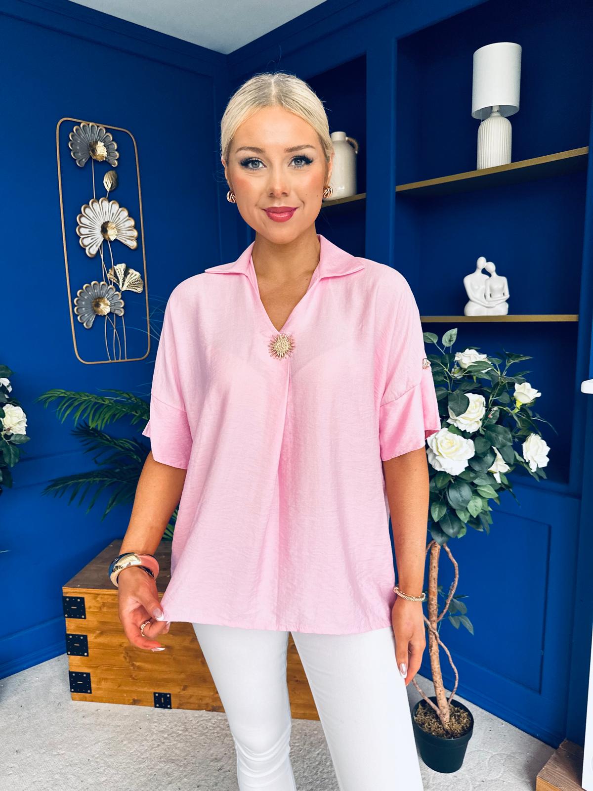 Suzanne Detailed Shirt Collar Top Pink