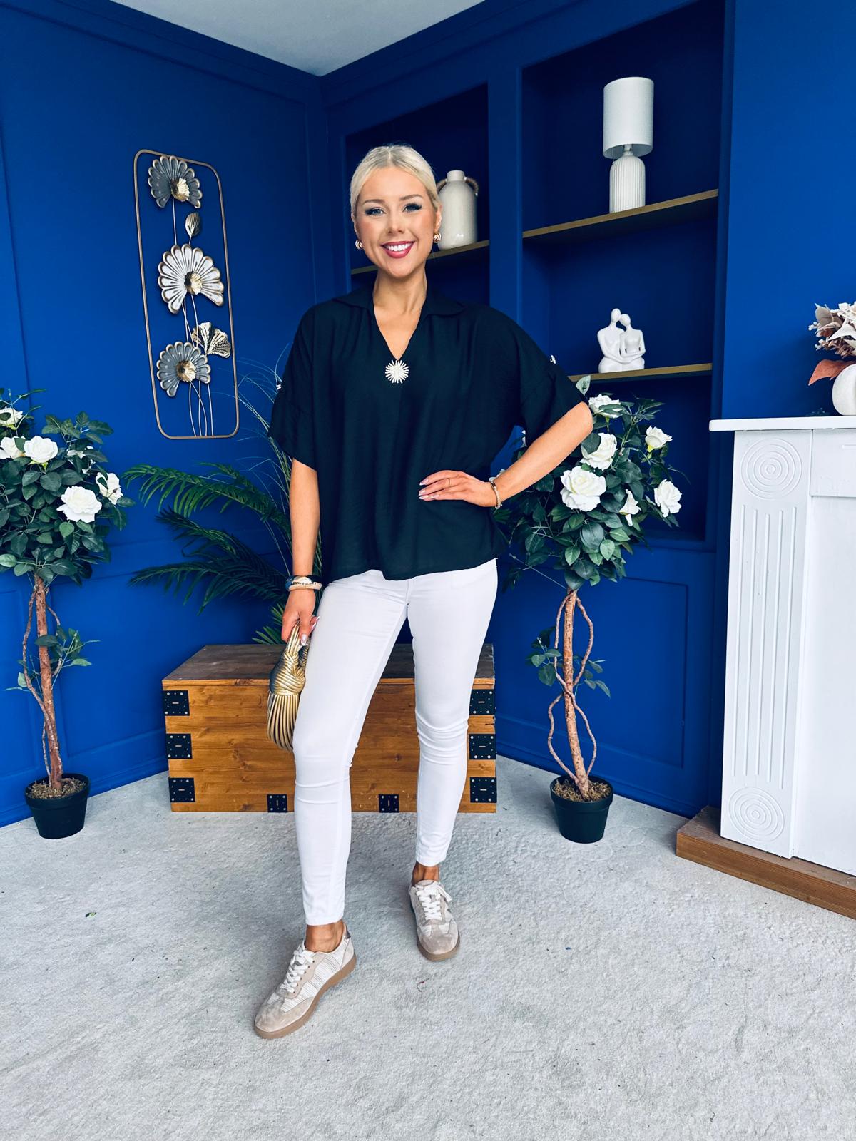 Suzanne Detailed Shirt Collar Top Black