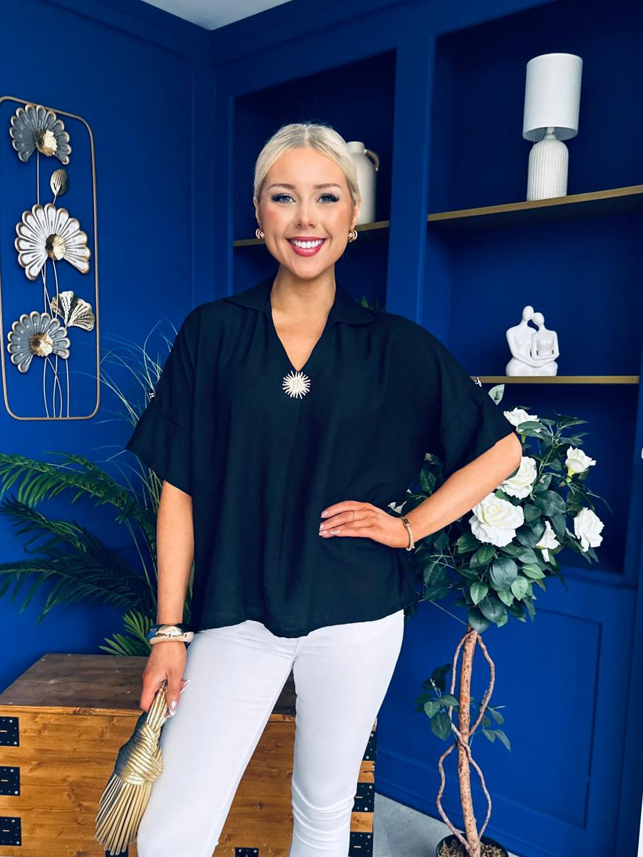 Suzanne Detailed Shirt Collar Top Black