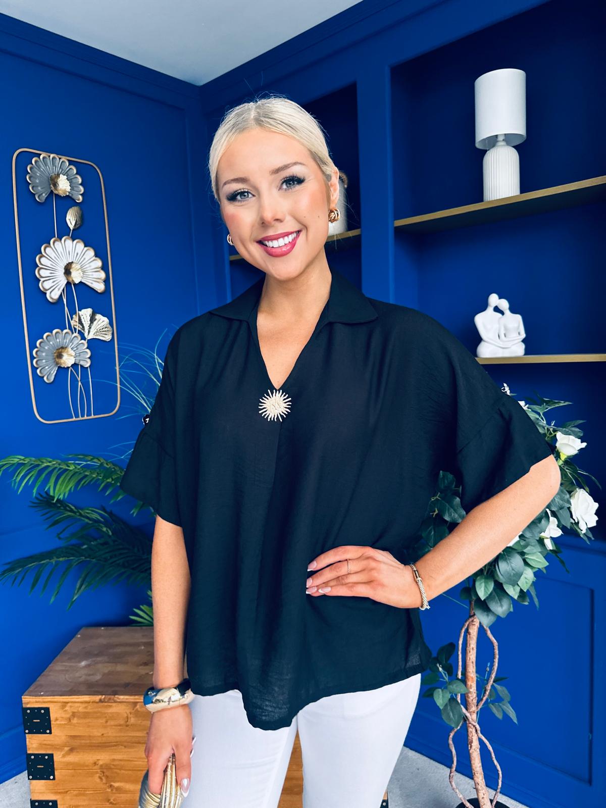 Suzanne Detailed Shirt Collar Top Black