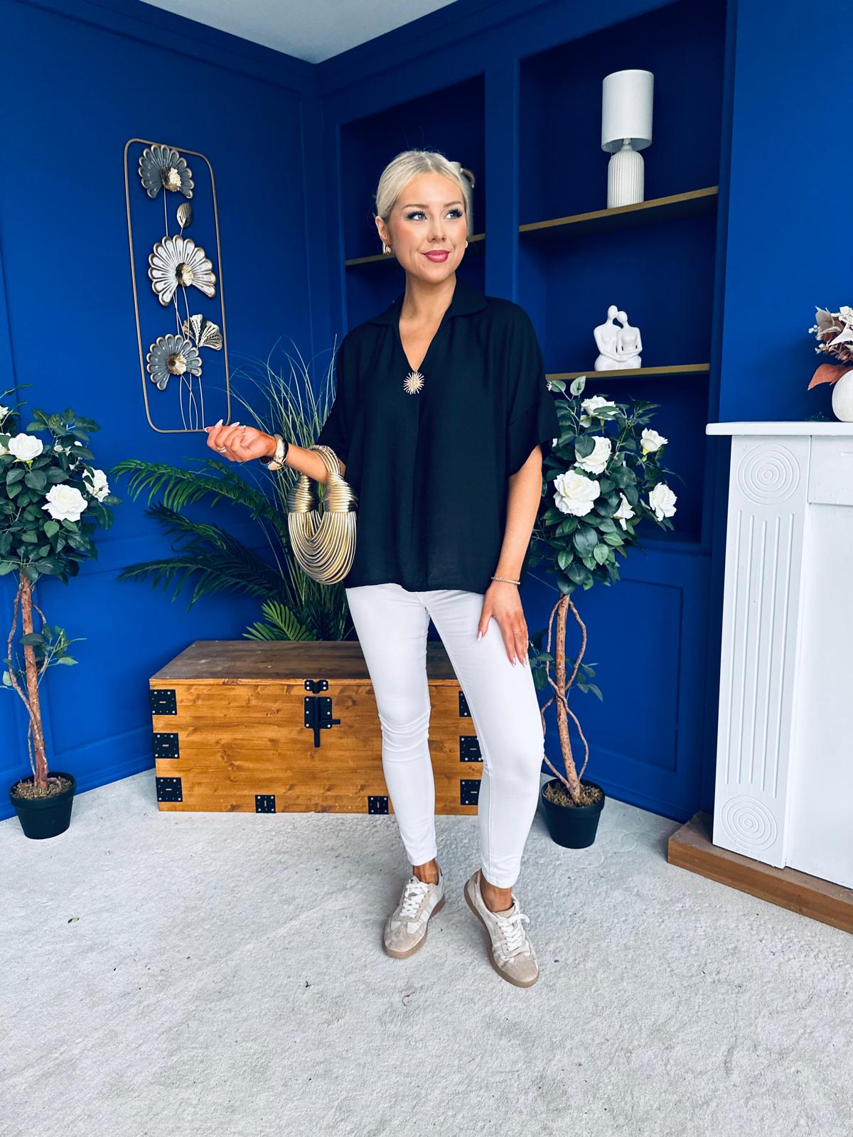 Suzanne Detailed Shirt Collar Top Black