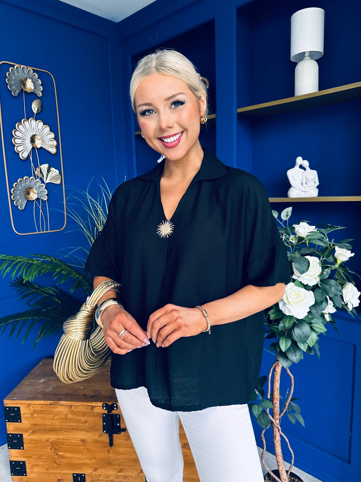 Suzanne Detailed Shirt Collar Top Black