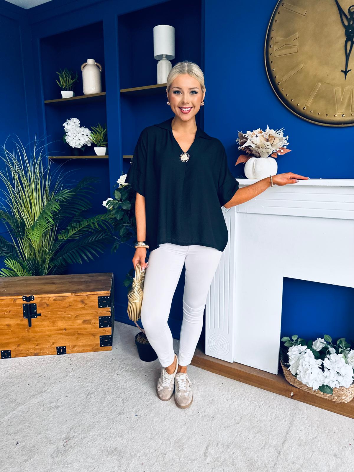 Suzanne Detailed Shirt Collar Top Black