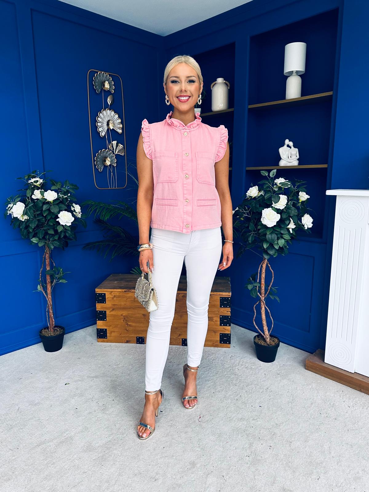 Denise Gold Button Down Denim Top Pink