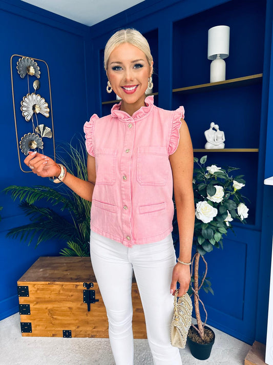 Denise Gold Button Down Denim Top Pink