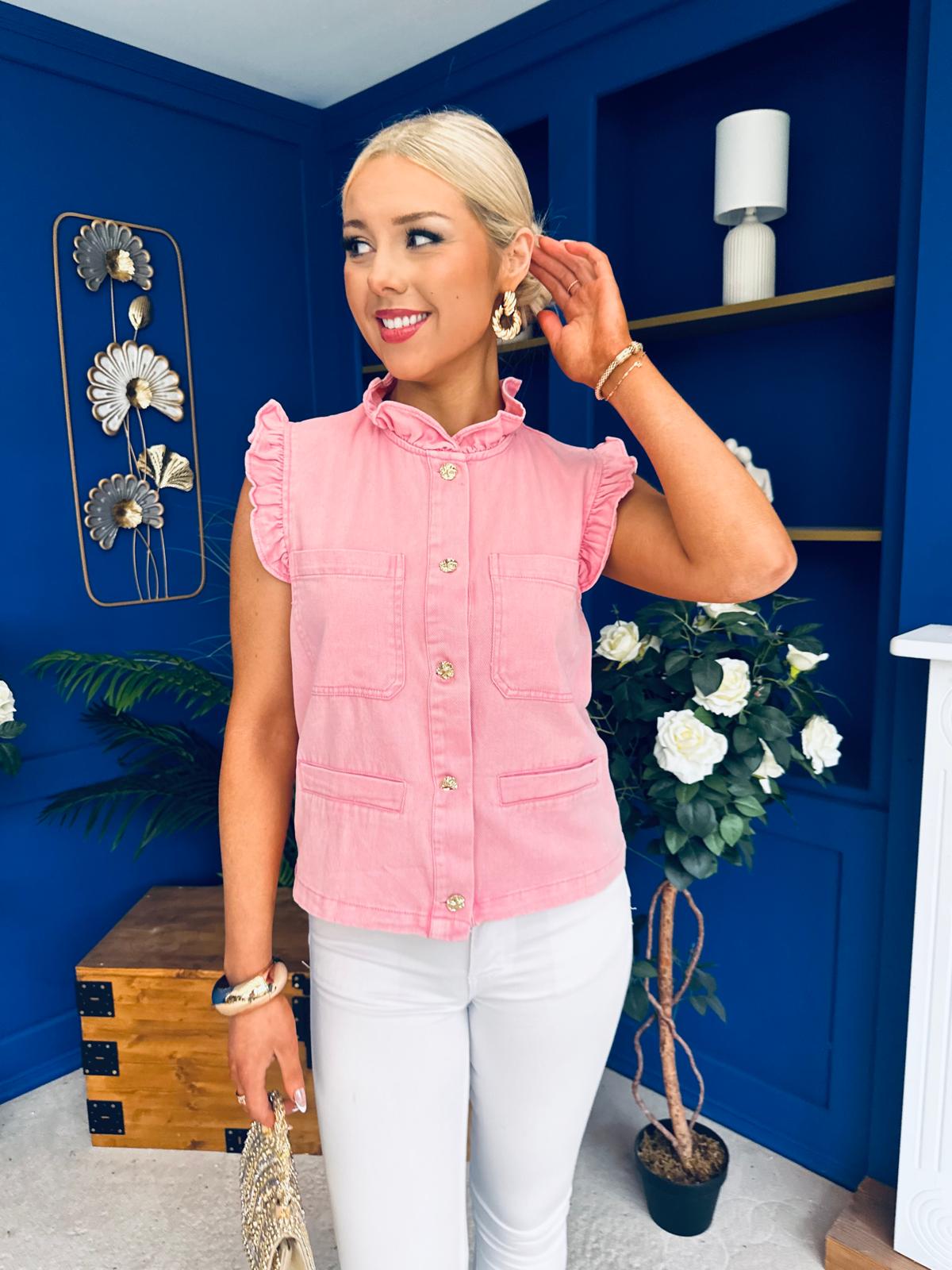 Denise Gold Button Down Denim Top Pink