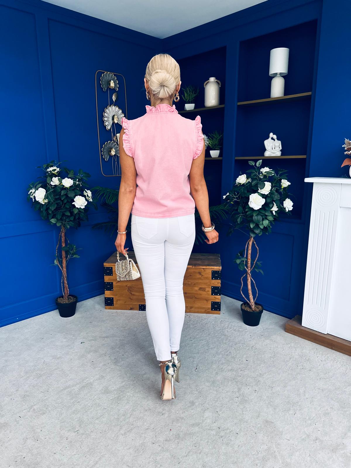 Denise Gold Button Down Denim Top Pink