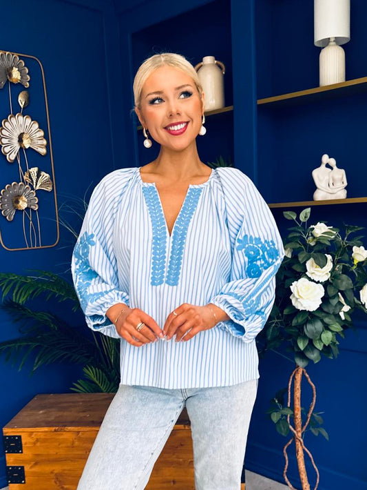 Tina Embroidered Top Blue