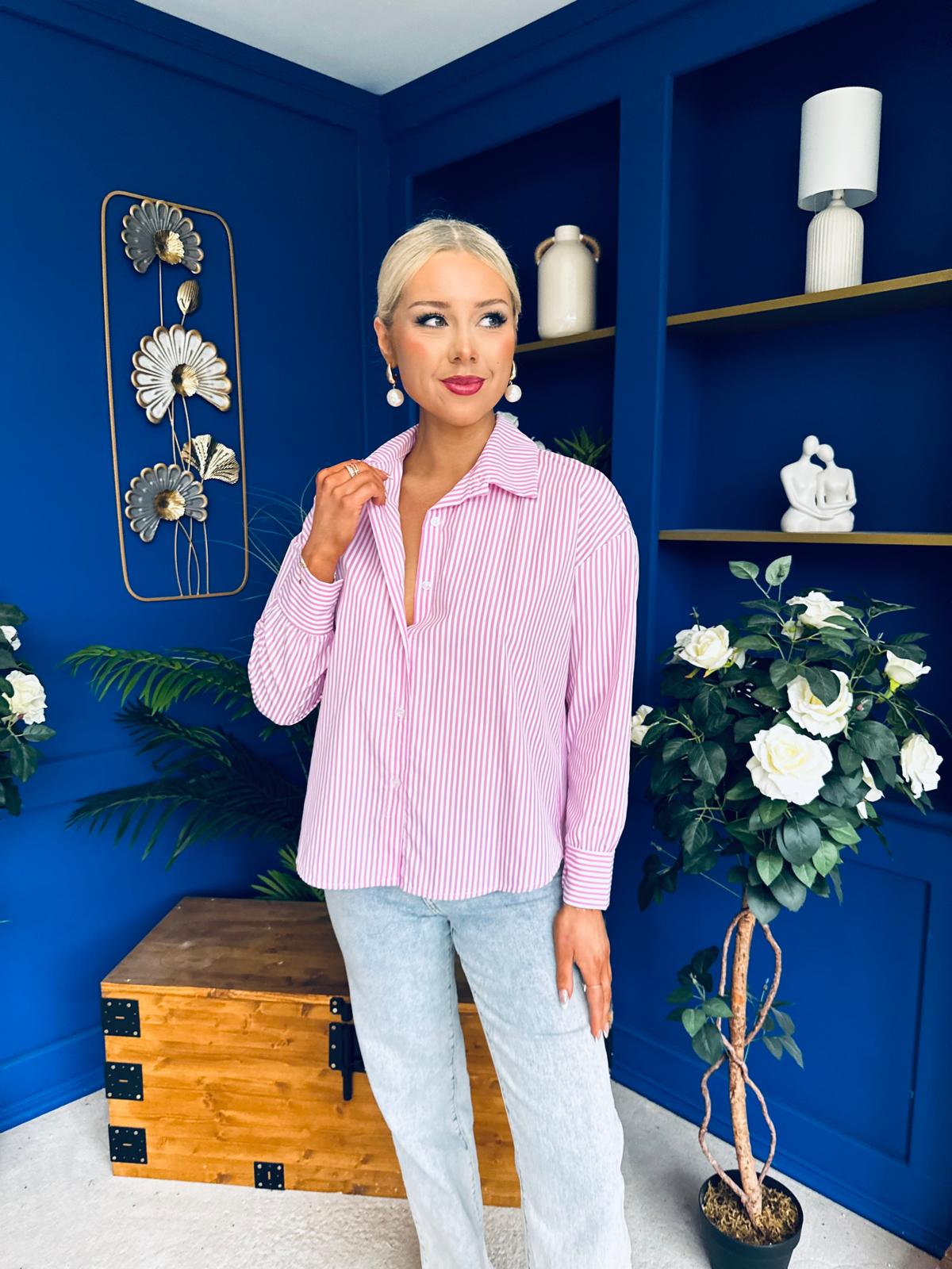 Verona Bow  Detail Pin Stripe Shirt Pink