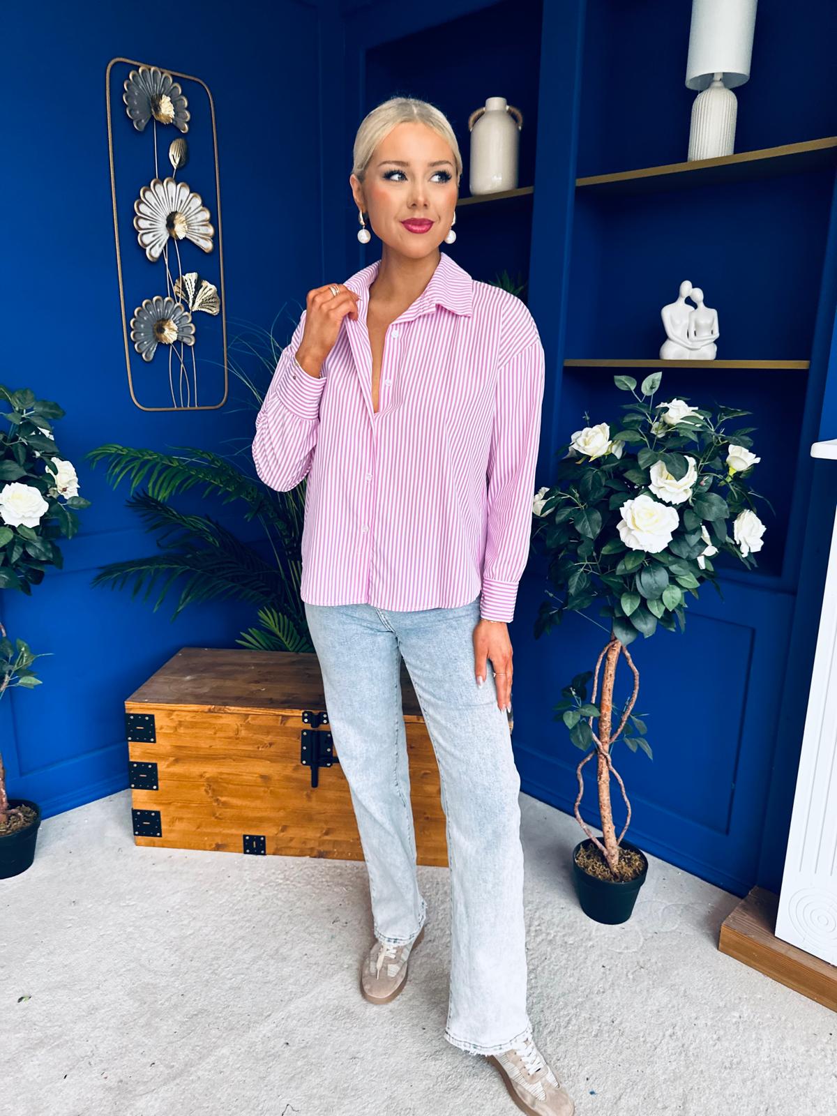 Verona Bow  Detail Pin Stripe Shirt Pink