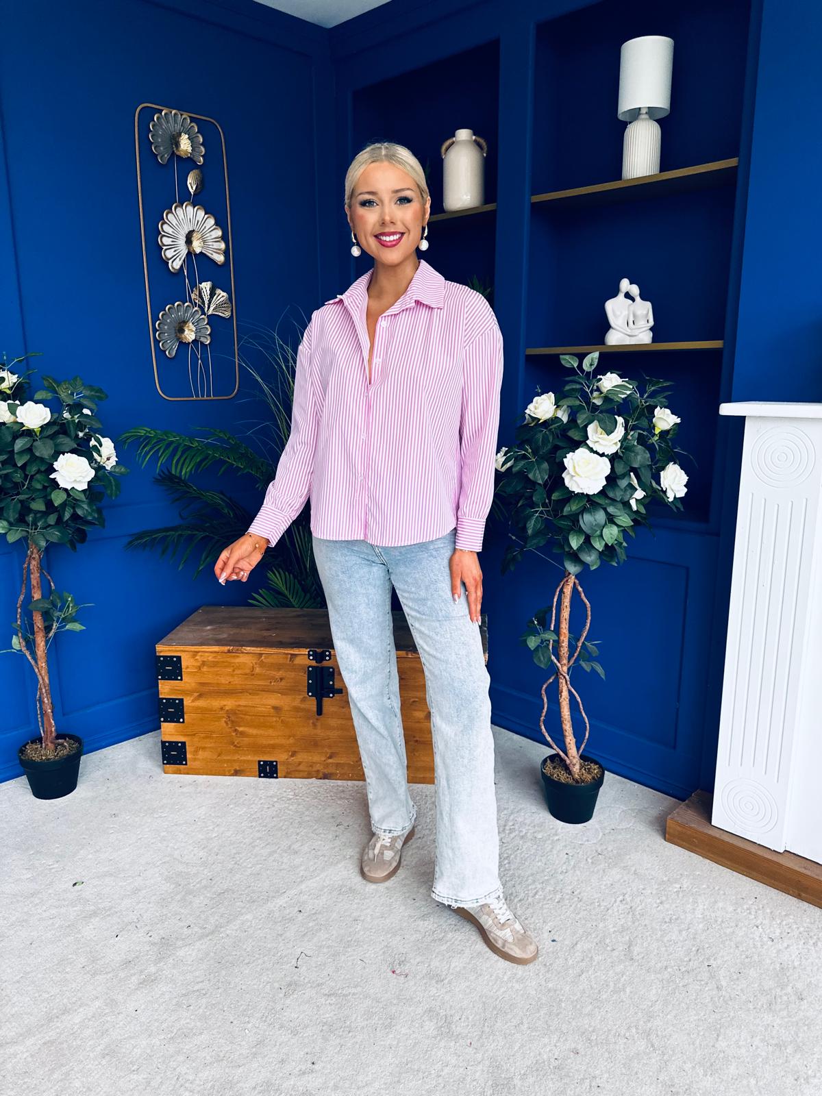 Verona Bow  Detail Pin Stripe Shirt Pink