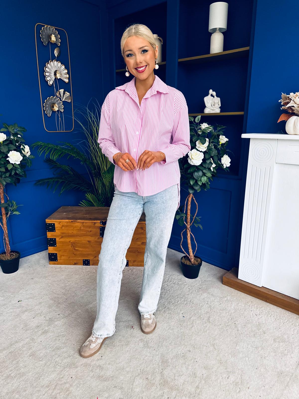 Verona Bow  Detail Pin Stripe Shirt Pink