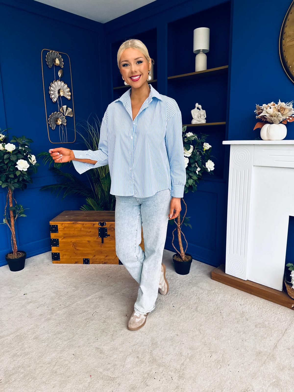 Verona Bow  Detail Pin Stripe Shirt Blue