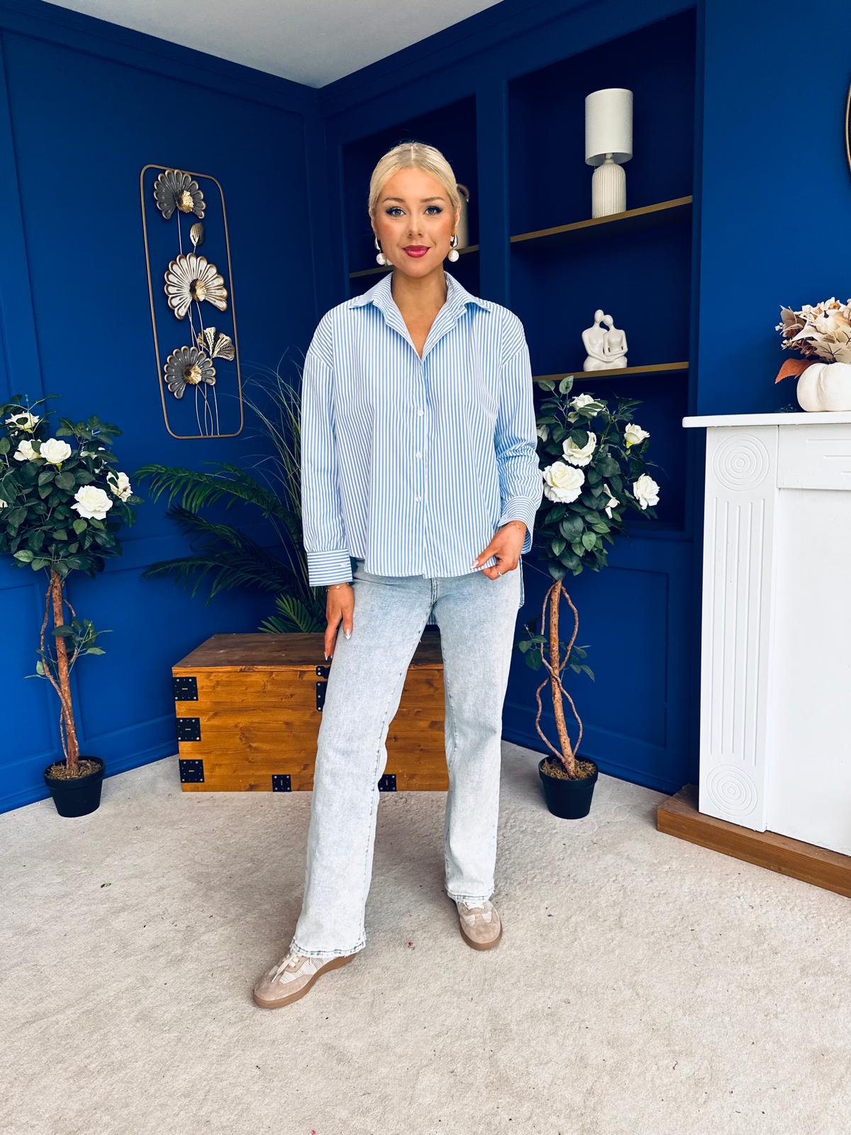 Verona Bow  Detail Pin Stripe Shirt Blue