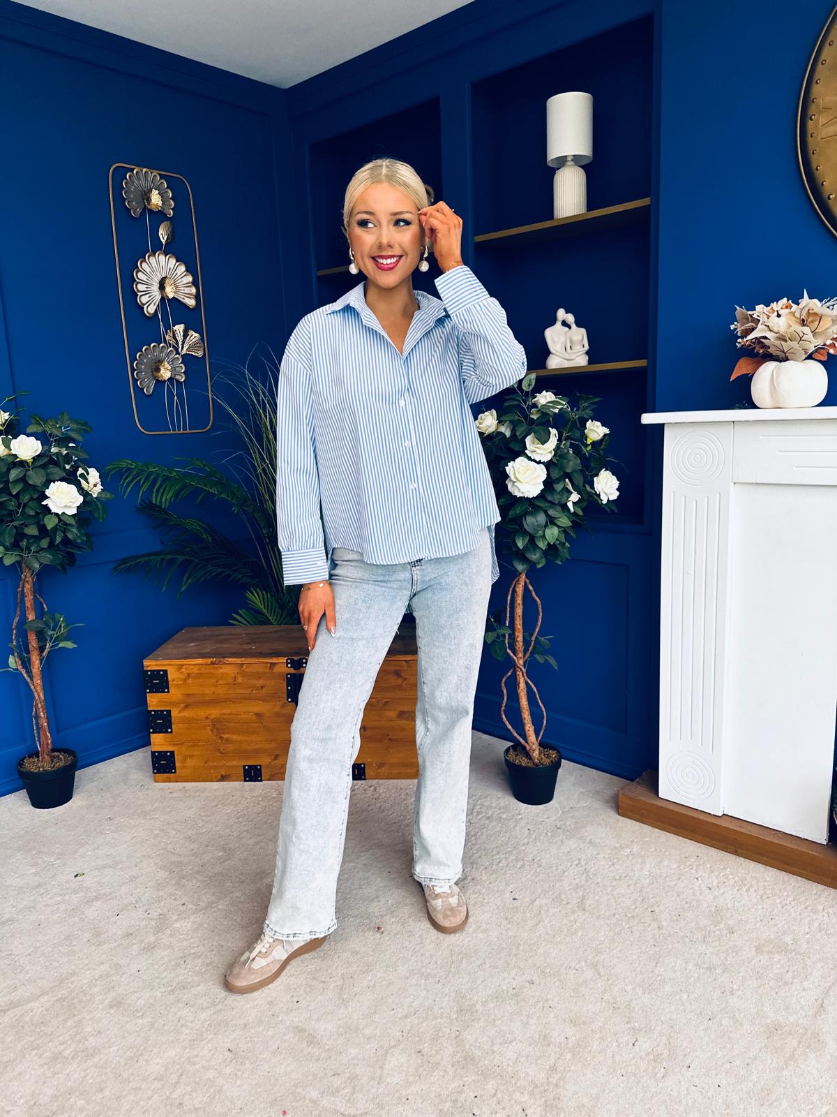 Verona Bow  Detail Pin Stripe Shirt Blue