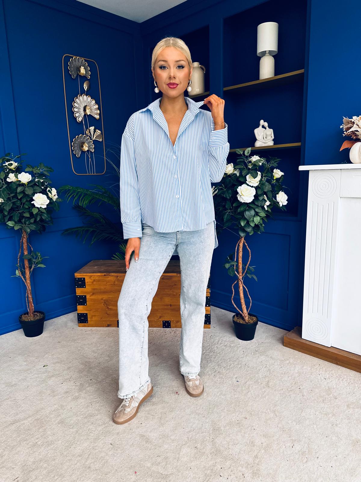 Verona Bow  Detail Pin Stripe Shirt Blue