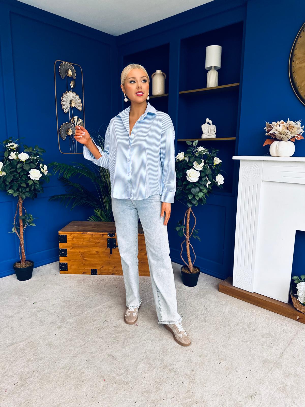 Verona Bow  Detail Pin Stripe Shirt Blue