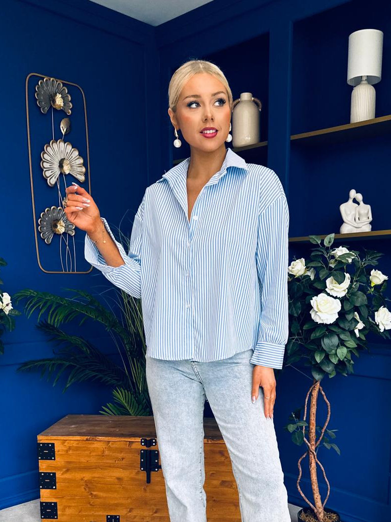 Verona Bow  Detail Pin Stripe Shirt Blue