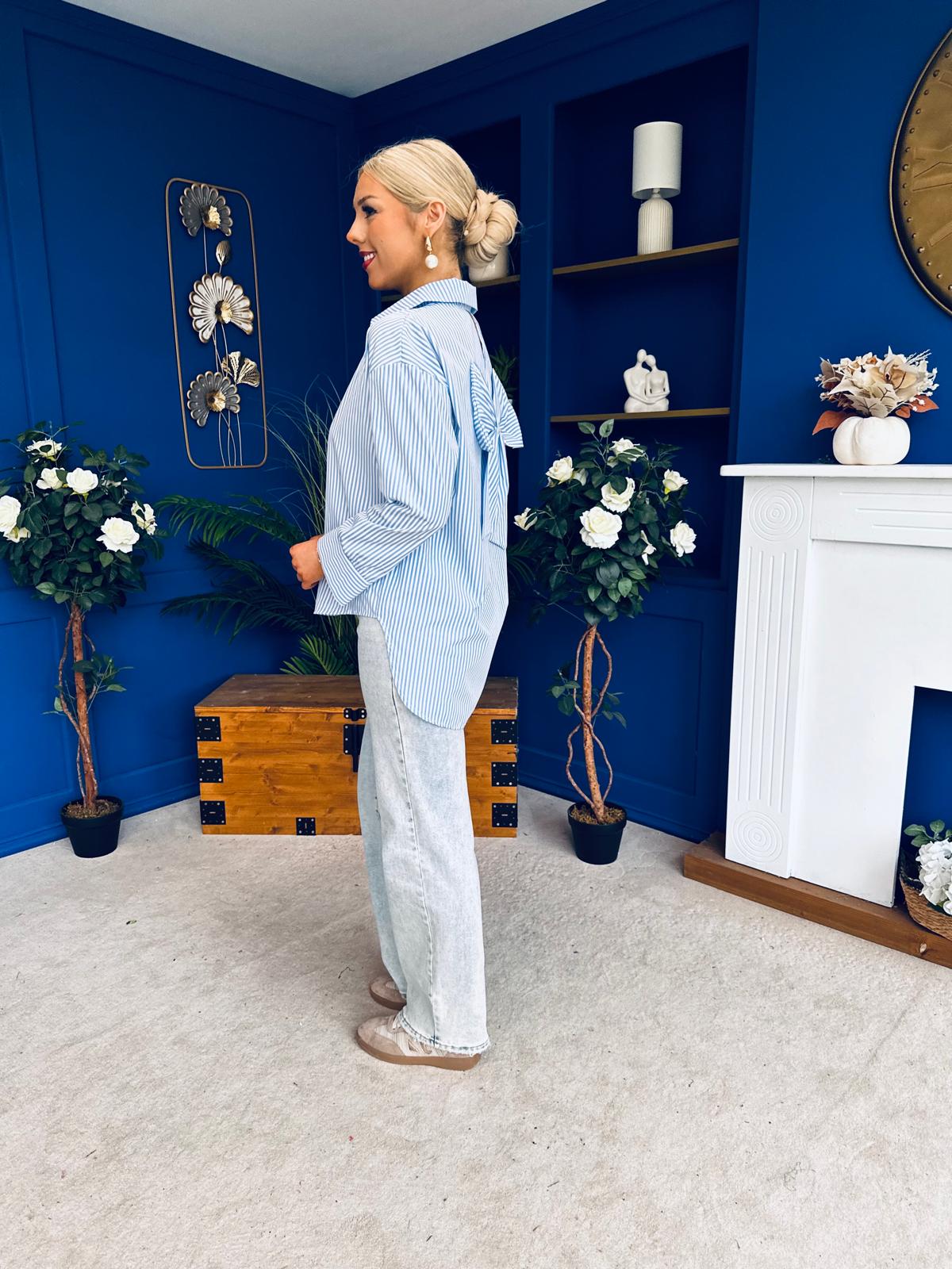 Verona Bow  Detail Pin Stripe Shirt Blue