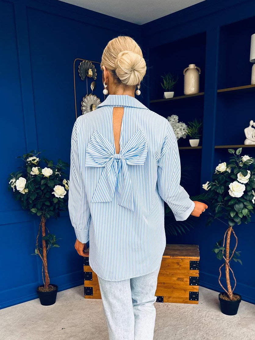 Verona Bow  Detail Pin Stripe Shirt Blue