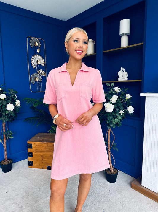 Lauren Denim Mini Shift Dress Pink