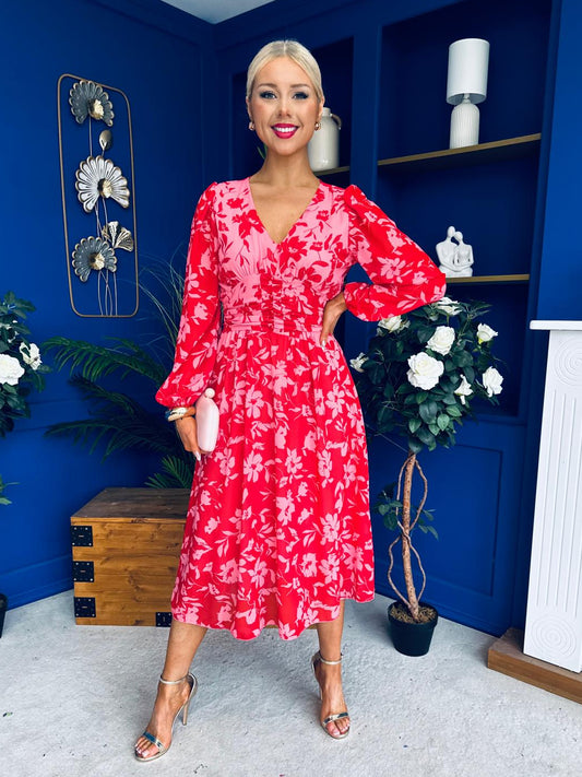 Bronagh Banded Midi Dress Red Floral