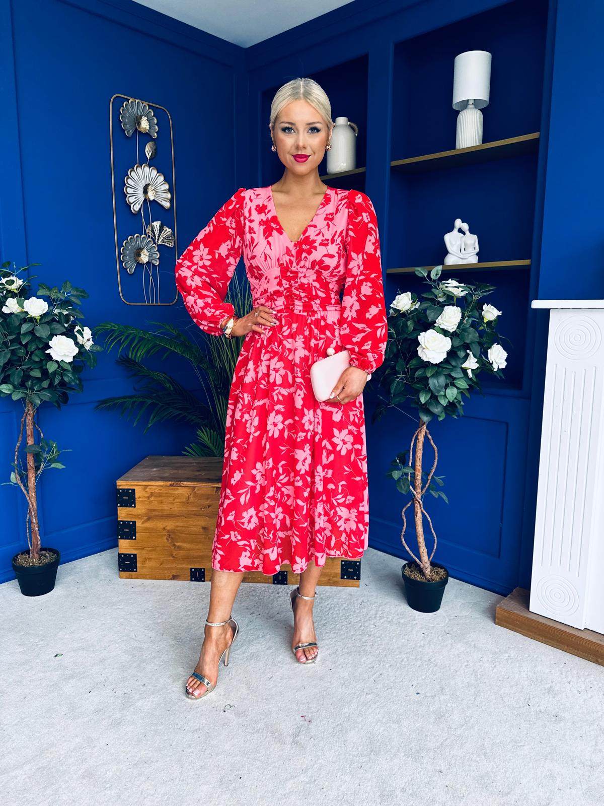 Bronagh Banded Midi Dress Red Floral