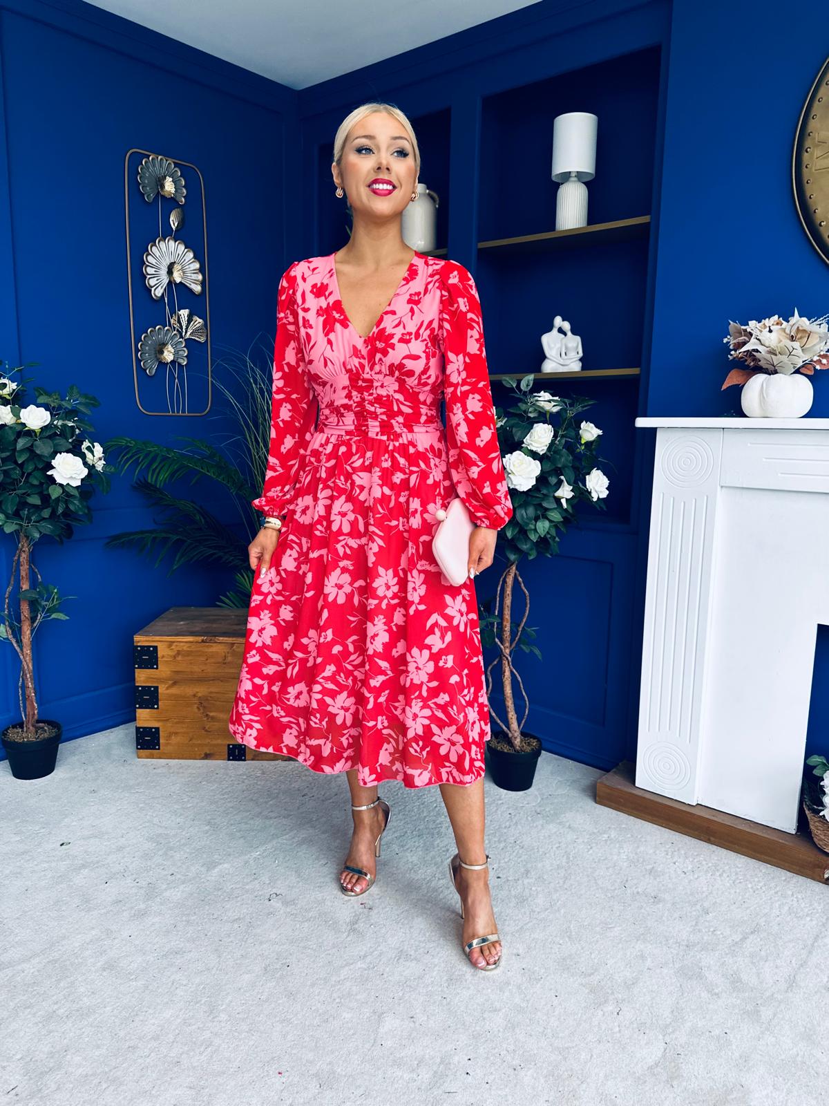 Bronagh Banded Midi Dress Red Floral