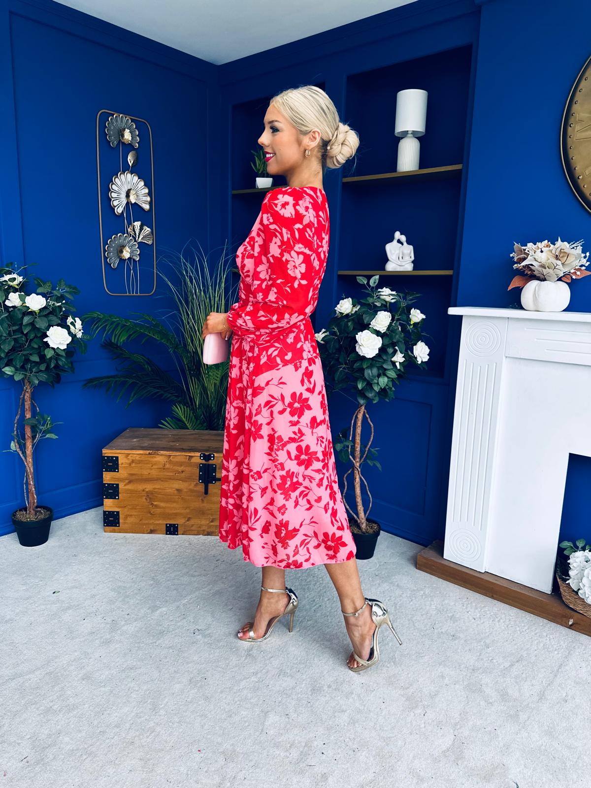 Bronagh Banded Midi Dress Red Floral