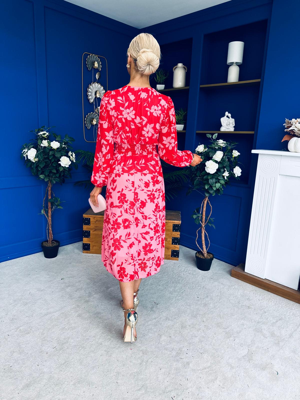 Bronagh Banded Midi Dress Red Floral