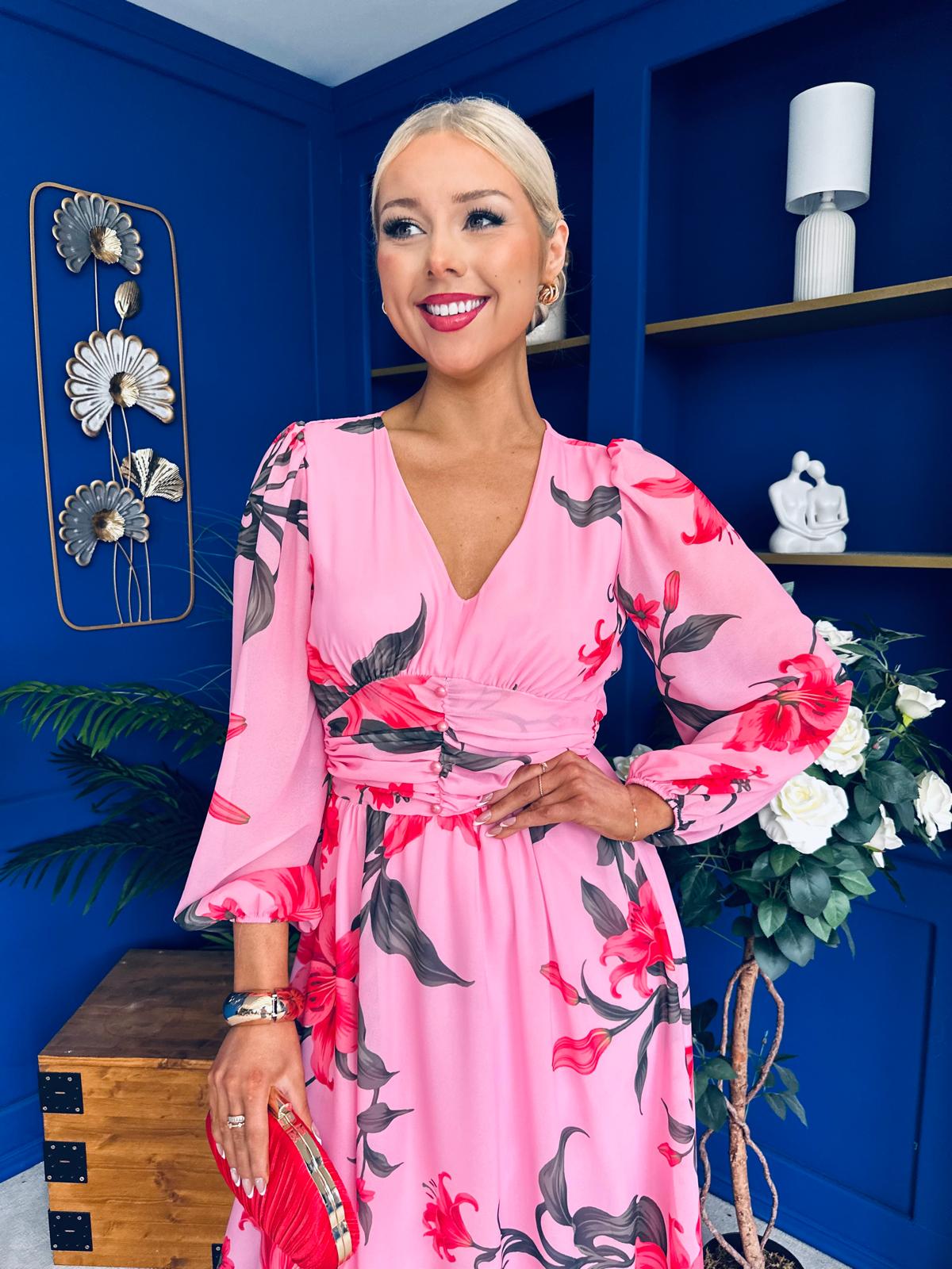 Bronagh Banded Midi Dress Cerise Floral