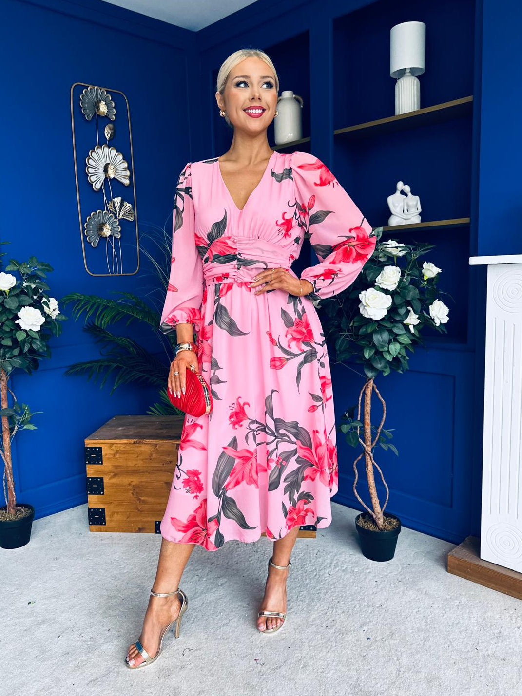 Bronagh Banded Midi Dress Cerise Floral