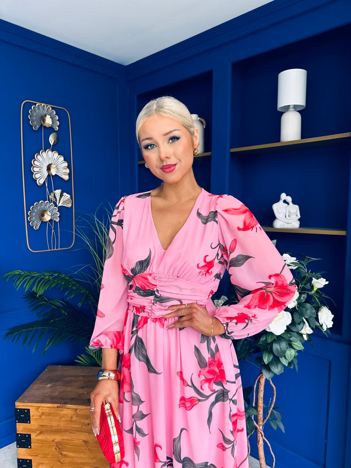 Bronagh Banded Midi Dress Cerise Floral