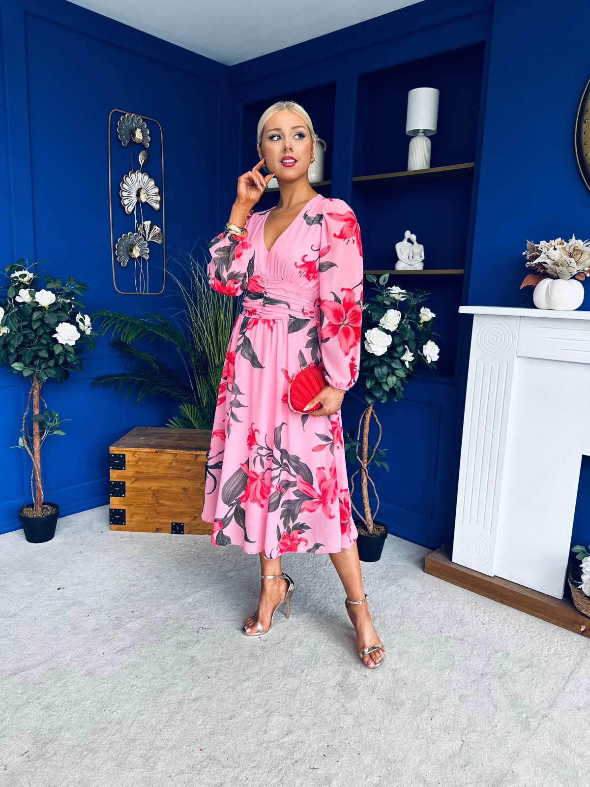 Bronagh Banded Midi Dress Cerise Floral