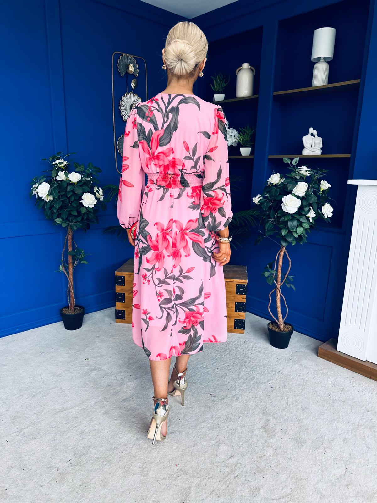 Bronagh Banded Midi Dress Cerise Floral