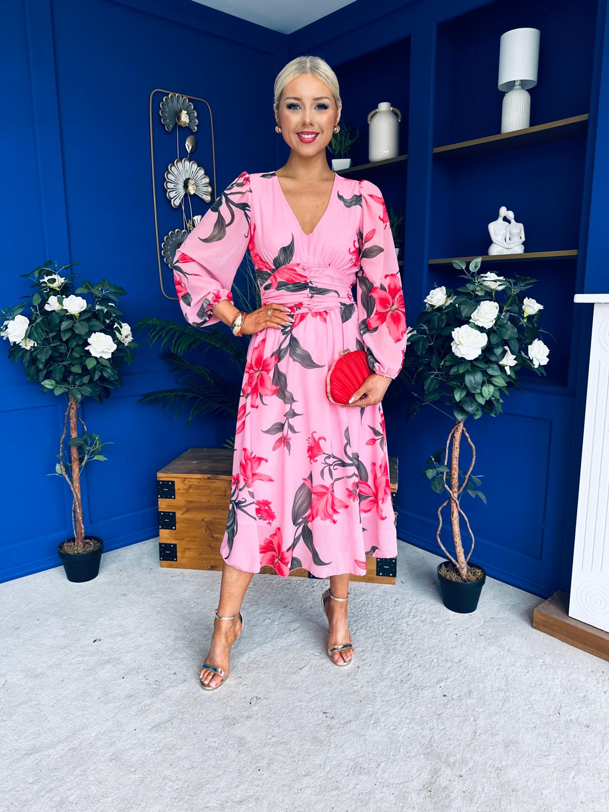 Bronagh Banded Midi Dress Cerise Floral