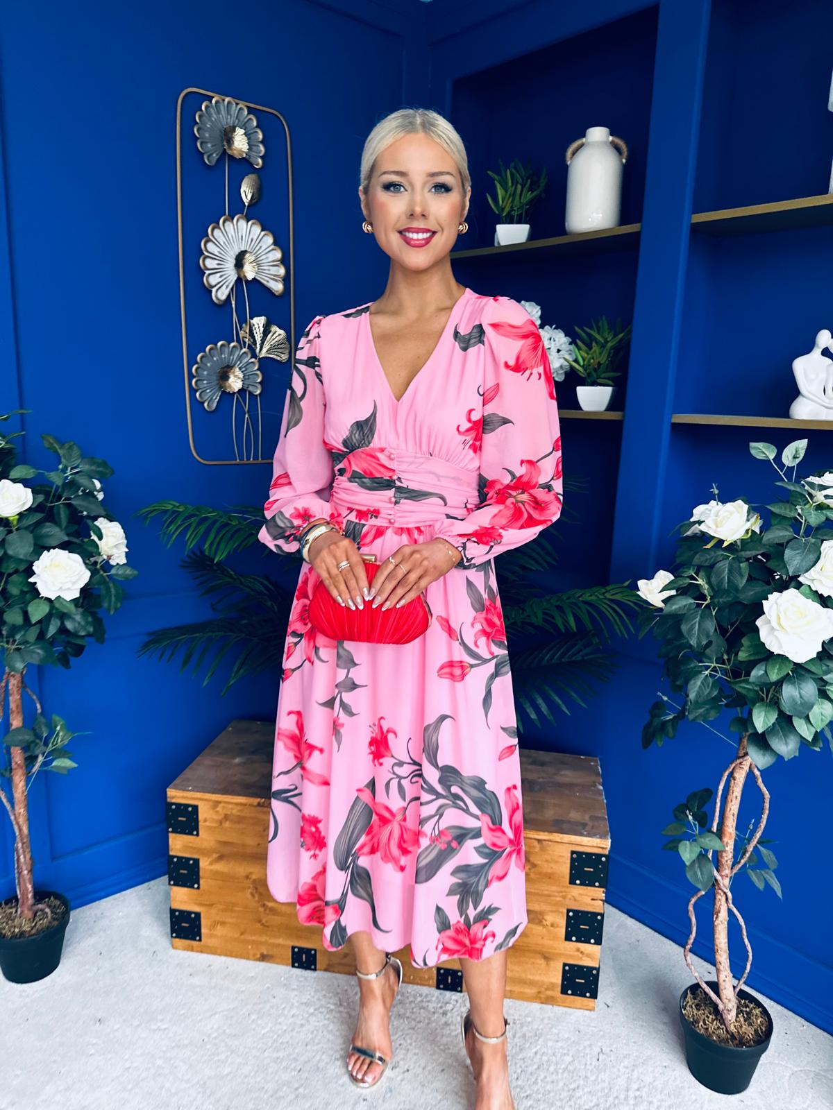 Bronagh Banded Midi Dress Cerise Floral