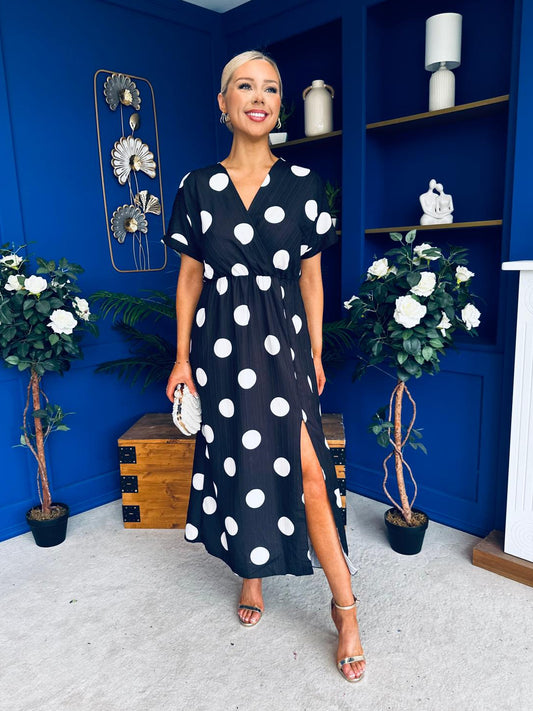 Katrina Short Sleeve Midi Dress Polka Black