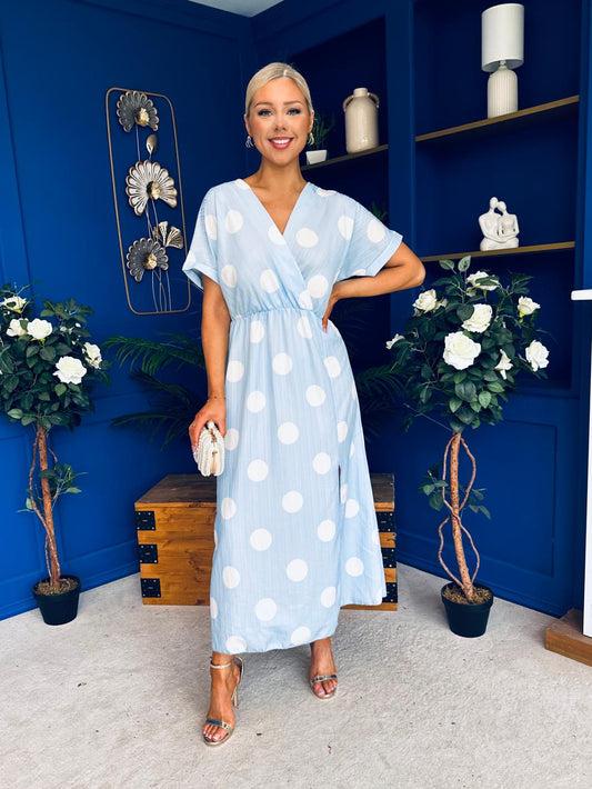 Katrina Short Sleeve Midi Dress Polka Blue