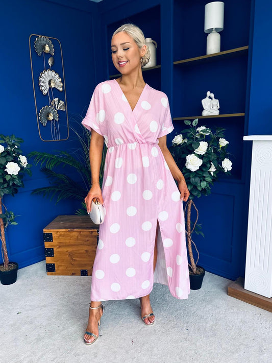 Katrina Short Sleeve Midi Dress Polka Pink