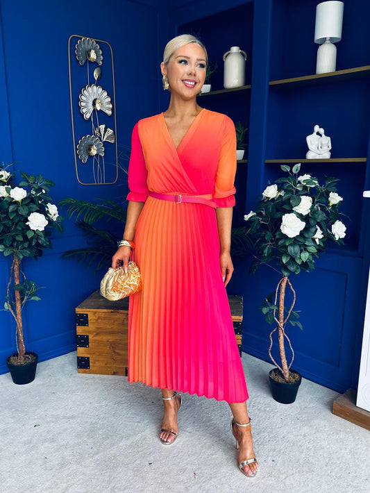 Danny Pleated Midi Dress Ombre Coral